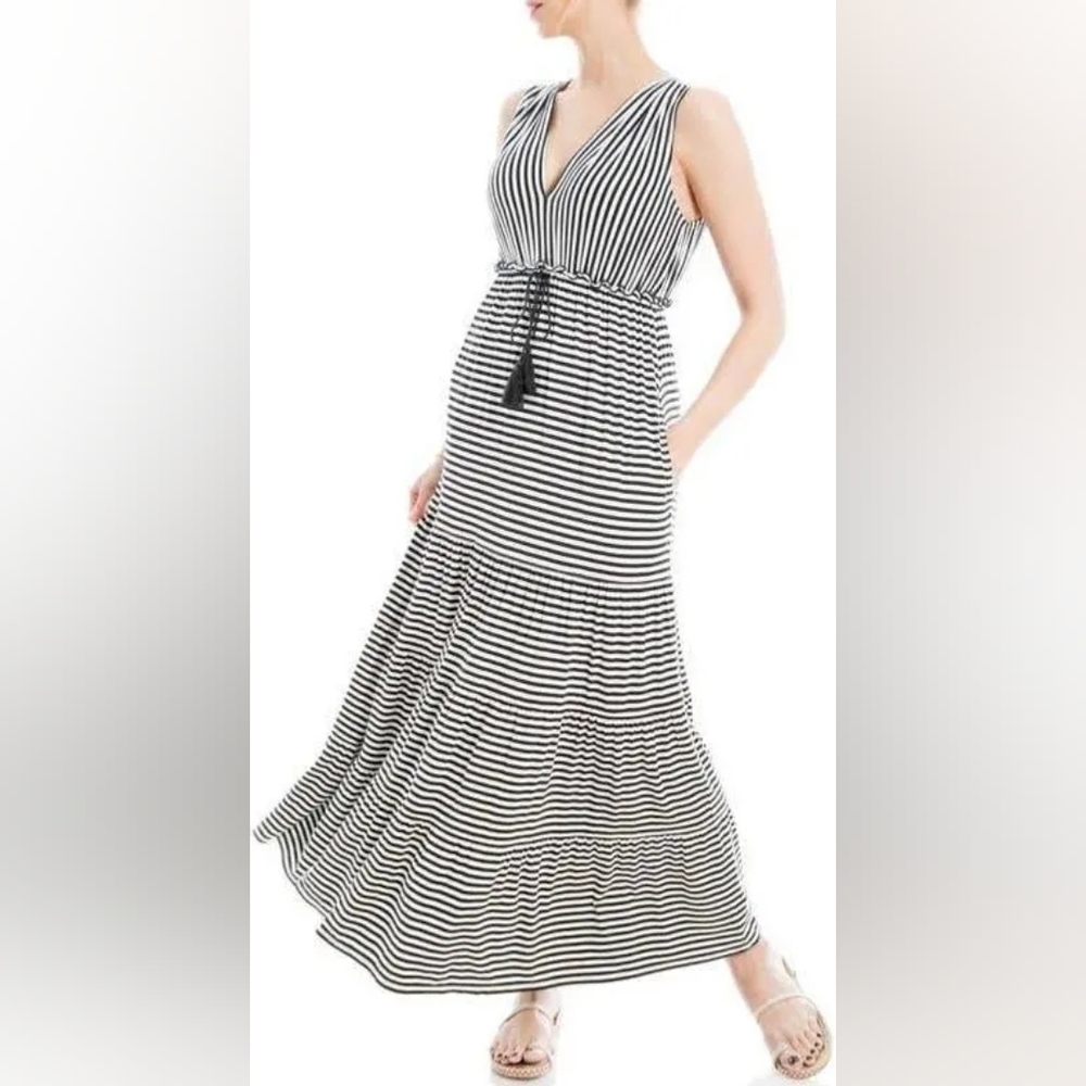 NWT - Max Studio Black & White Striped Tiered Maxi Dress - Size L